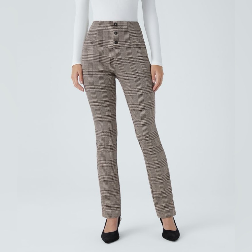 High-Rise Plaid Slim Straight Pants - Brown Plaid